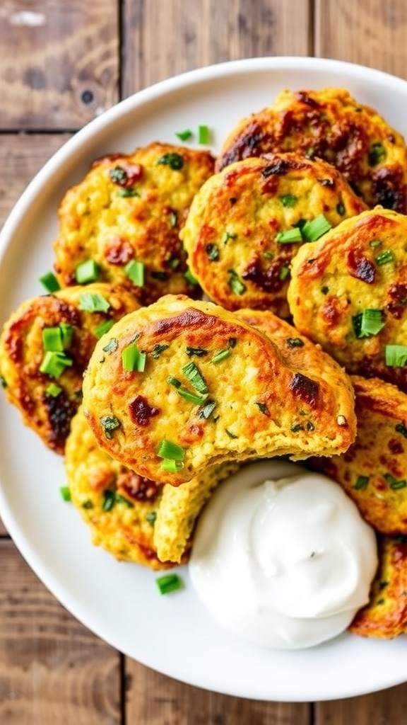 Crispy zucchini quinoa fritters on a plate with yogurt dip and fresh herbs.